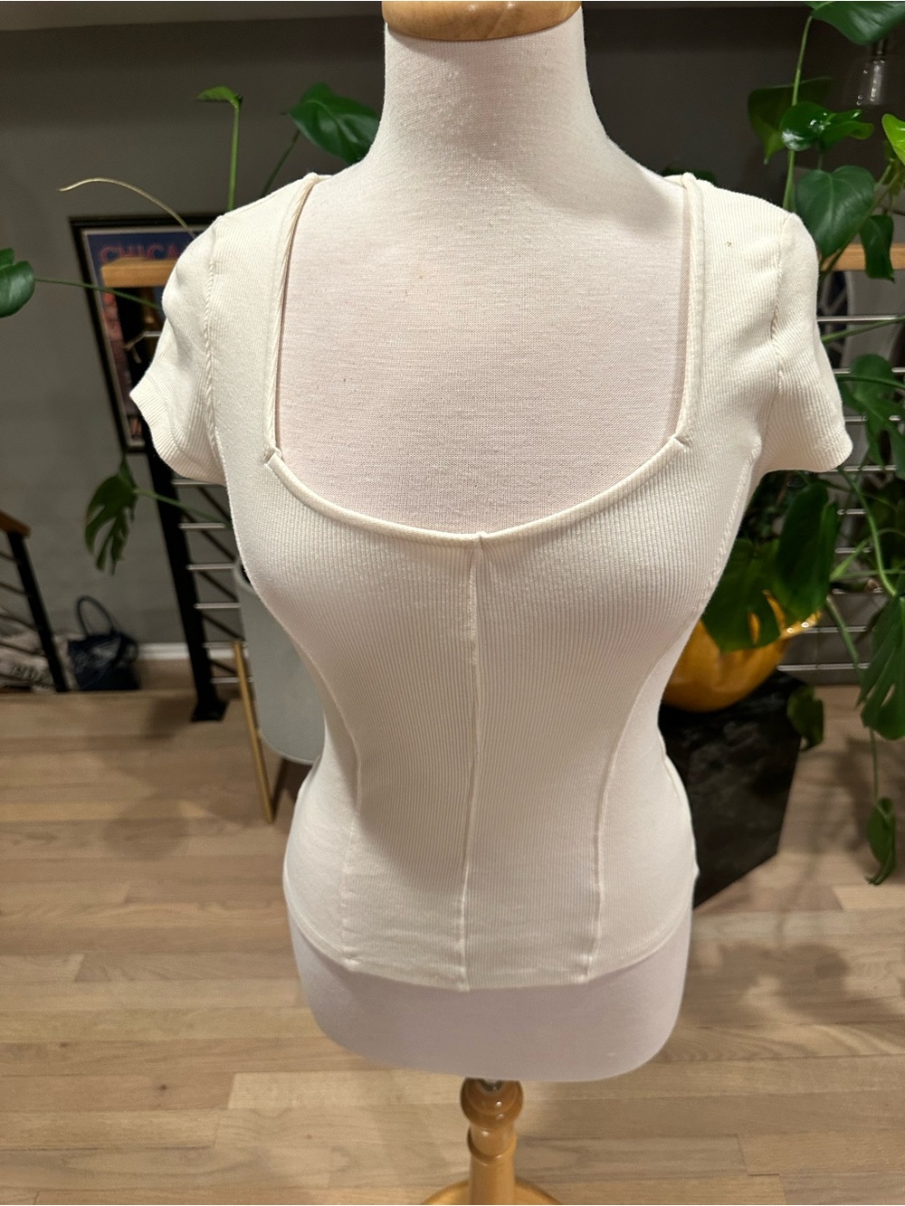 Anthropologie Maeve Cream Square Neck Ribbed Short Sleeve Top